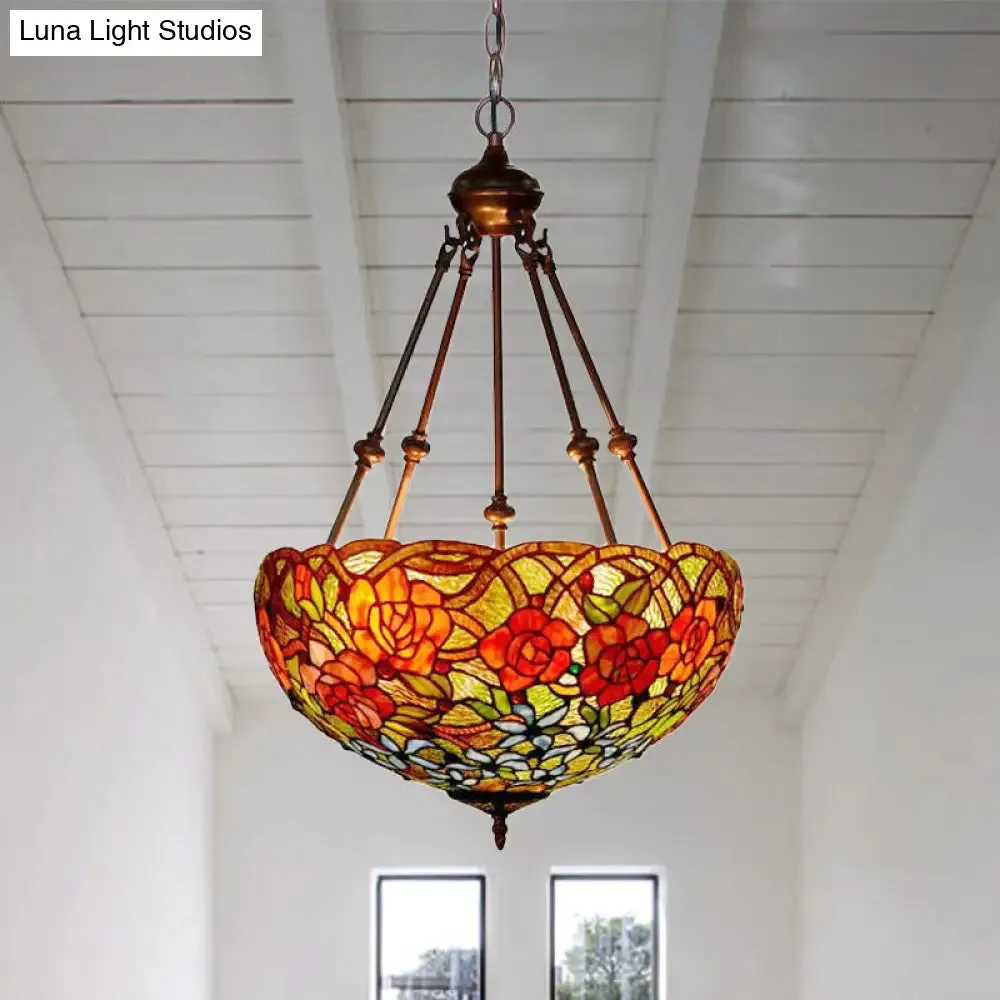 Mediterranean Floral Stained Art Glass Chandelier Pendant Light with 3 Hanging Lamps in Red/Orange/Green