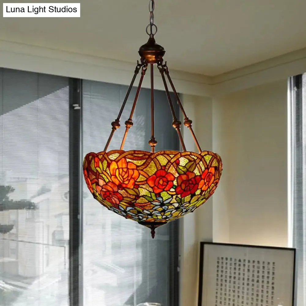 Mediterranean Floral Stained Art Glass Chandelier Pendant Light with 3 Hanging Lamps in Red/Orange/Green