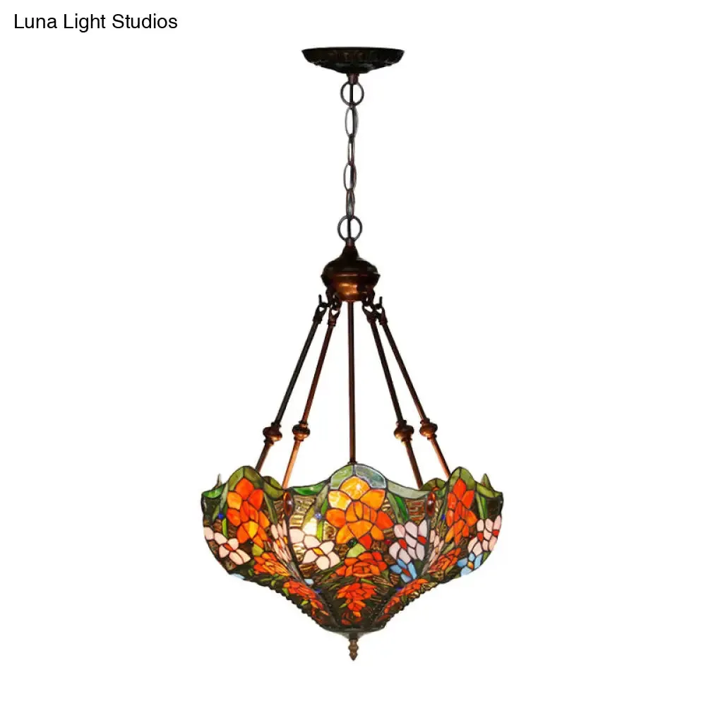 Mediterranean Floral Stained Art Glass Chandelier Pendant Light with 3 Hanging Lamps in Red/Orange/Green