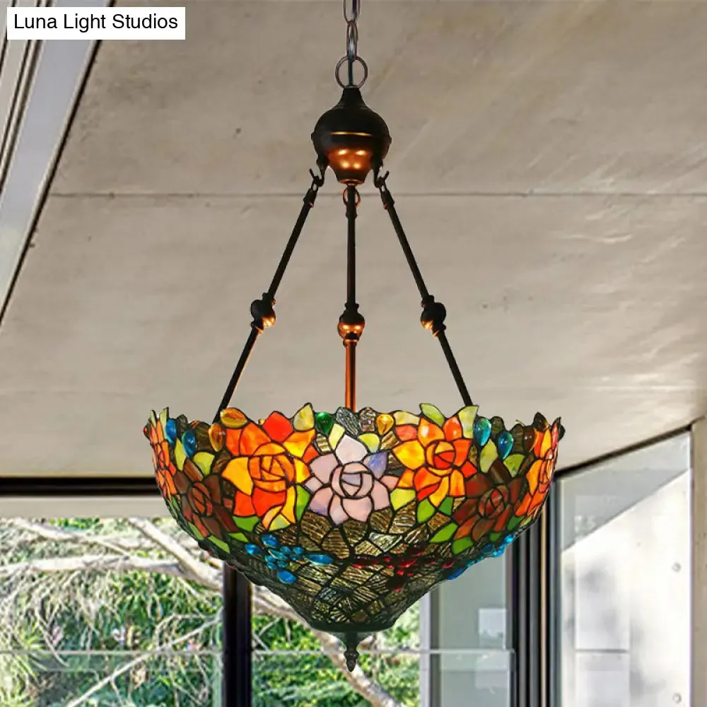 Mediterranean Floral Stained Art Glass Chandelier Pendant Light with 3 Hanging Lamps in Red/Orange/Green