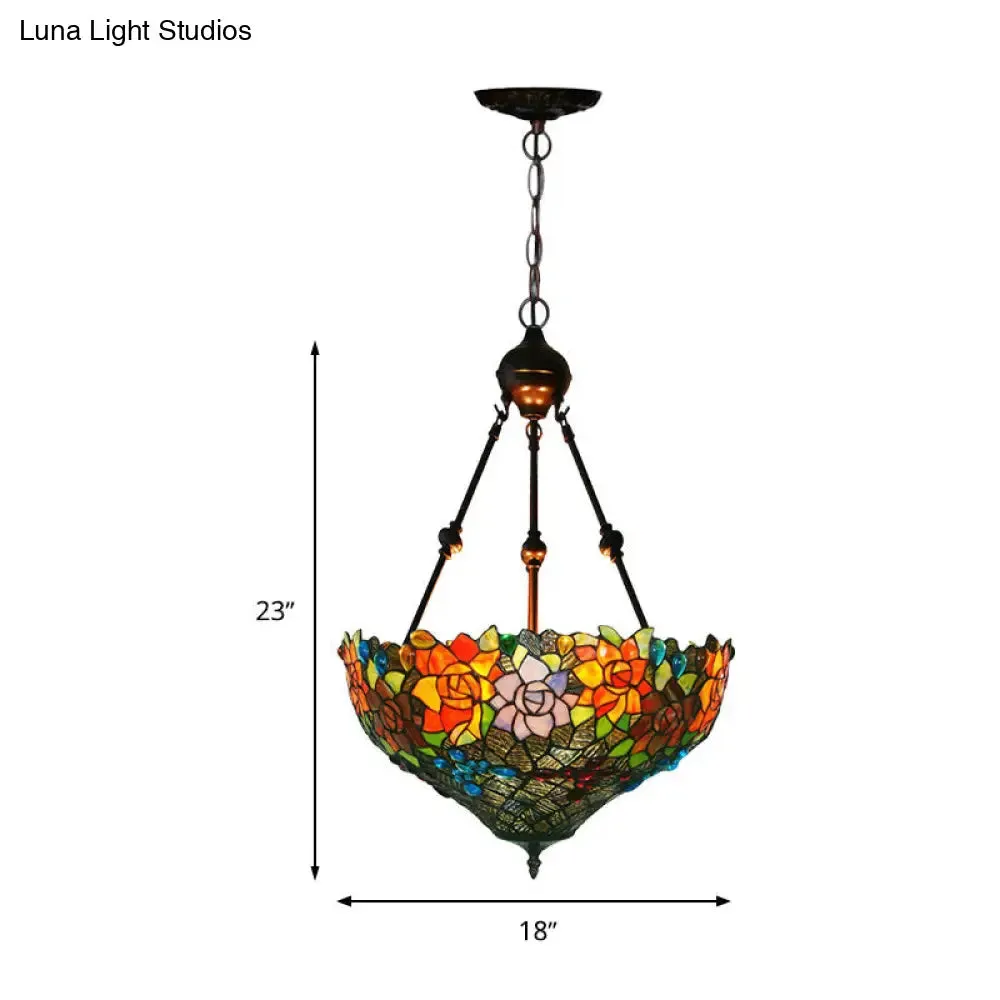 Mediterranean Floral Stained Art Glass Chandelier Pendant Light with 3 Hanging Lamps in Red/Orange/Green