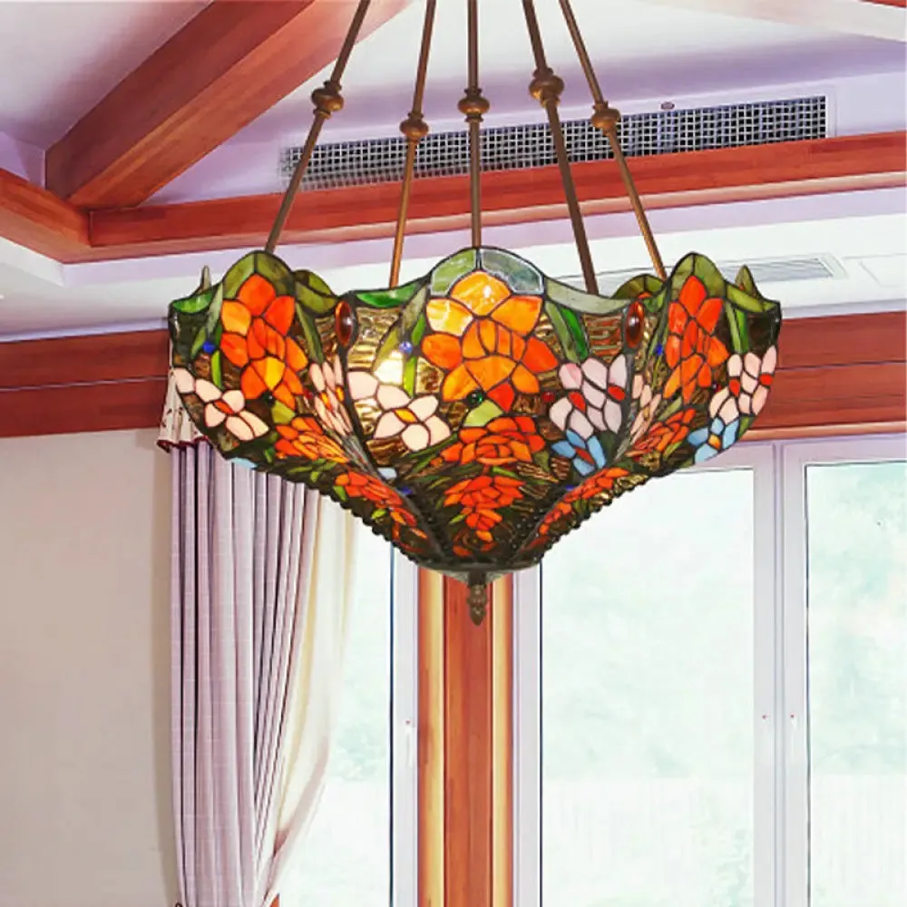 Mediterranean Floral Stained Art Glass Chandelier Pendant Light with 3 Hanging Lamps in Red/Orange/Green