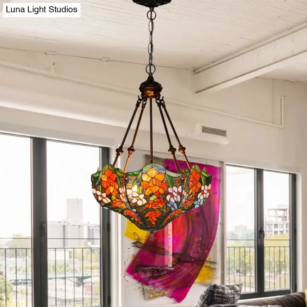 Mediterranean Floral Stained Art Glass Chandelier Pendant Light with 3 Hanging Lamps in Red/Orange/Green