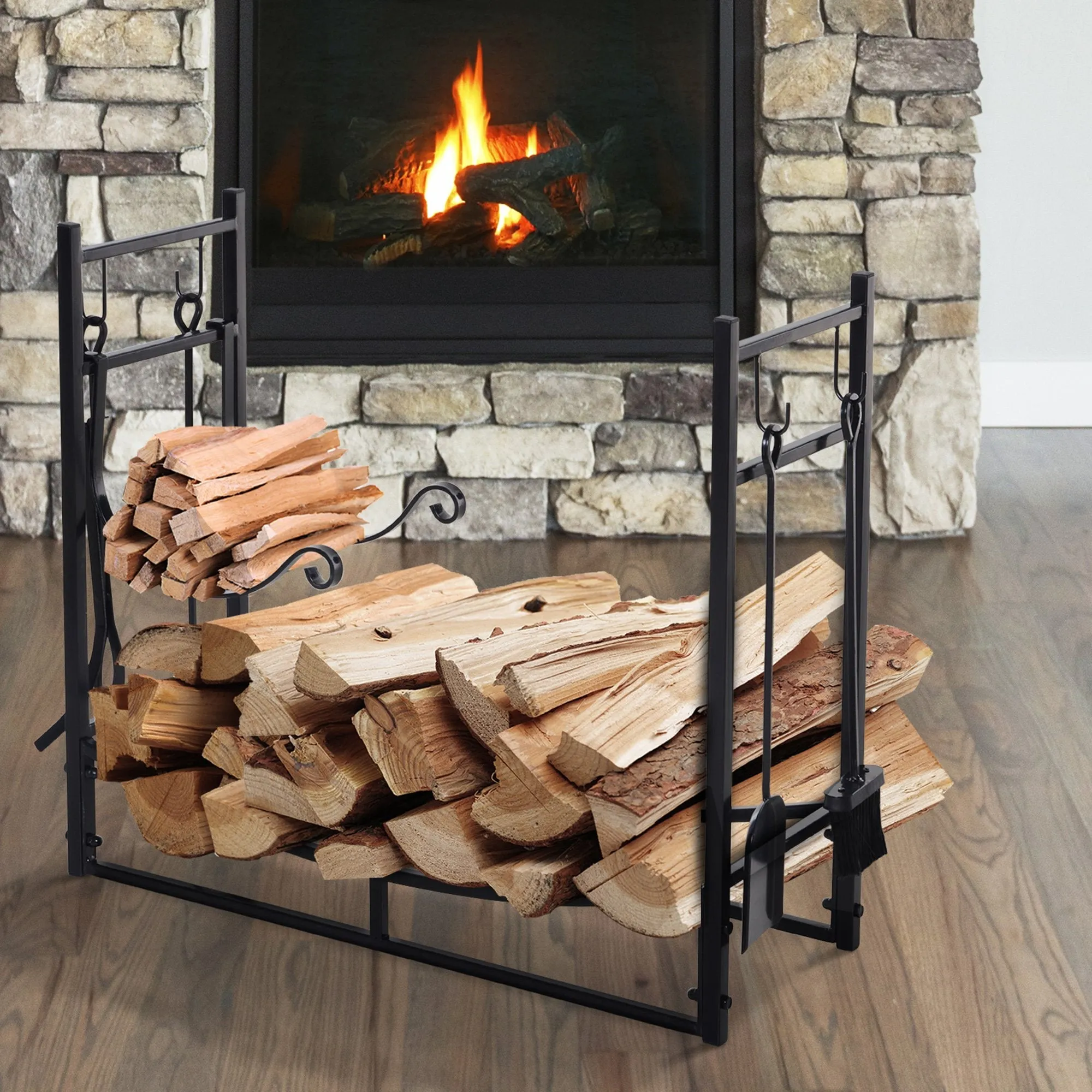 Metal Firewood Log Holder Indoor Outdoor Firewood Rack Fireplace 2 Tier Wood Storage Shelf with 4 Tools