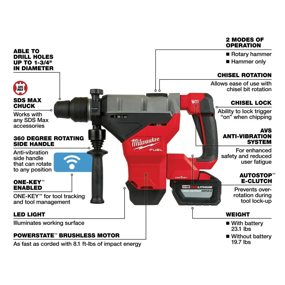 Milwaukee 2718-22HD M18 FUEL 1-3/4" SDS MAX Rotary Hammer ONE KEY Kit 2-Battery