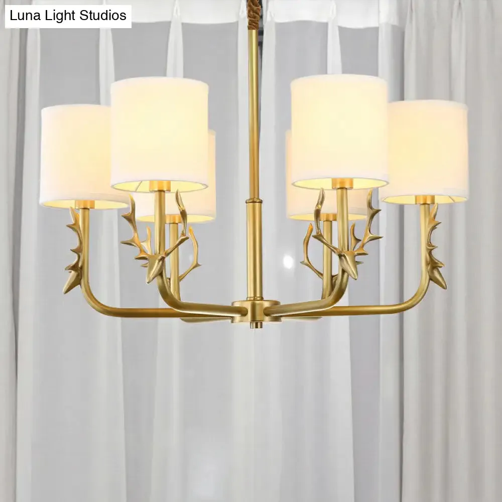 Minimalist Brass Deer Chandelier with Fabric Shade - Elegant Metal Hanging Lamp