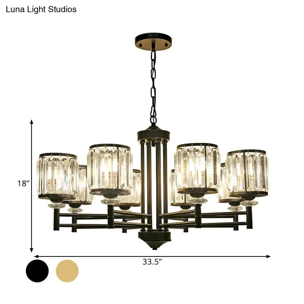 Modern Crystal Drum Shade 8-Head Metal Frame Pendant Light - Black/Gold Chandelier Lamp