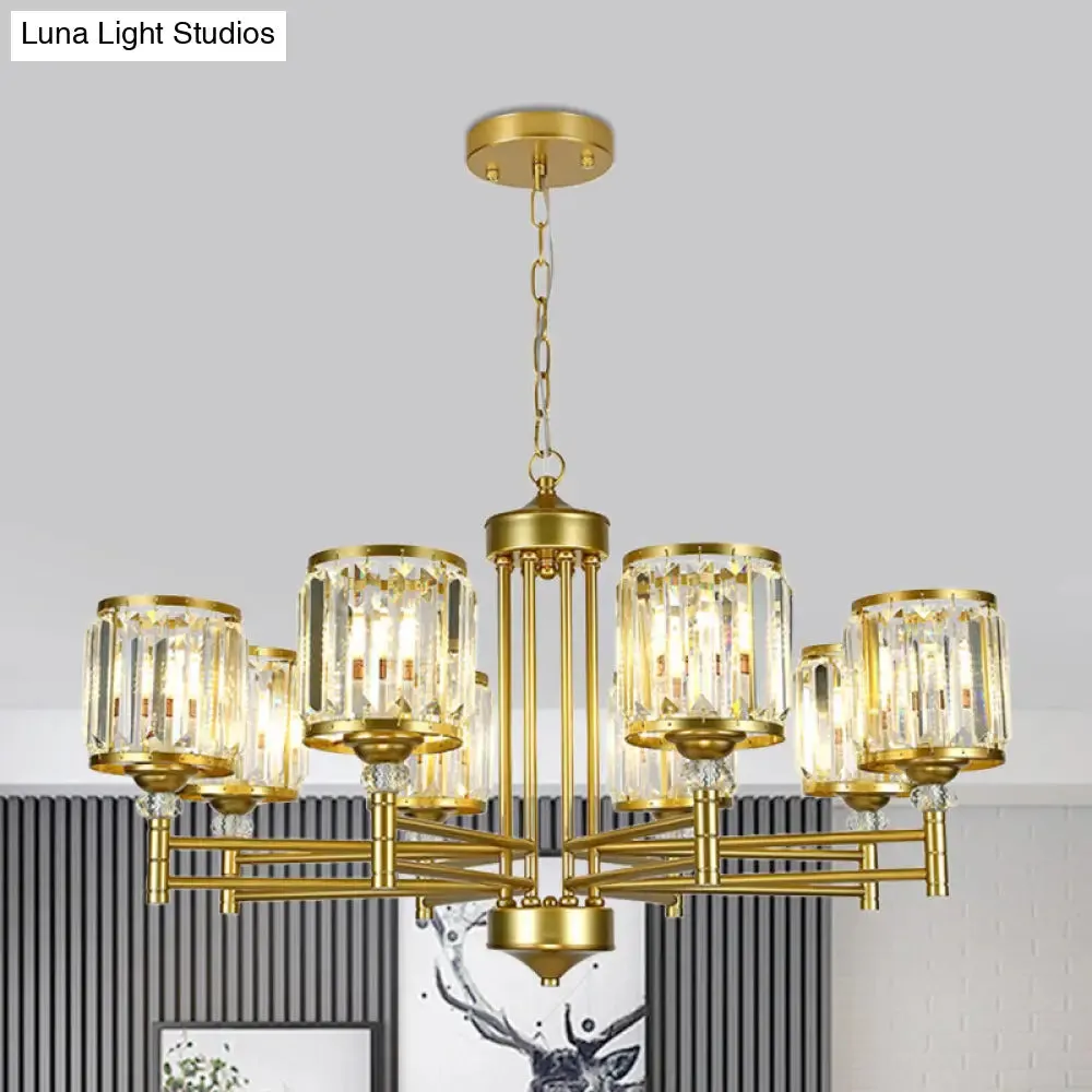 Modern Crystal Drum Shade 8-Head Metal Frame Pendant Light - Black/Gold Chandelier Lamp