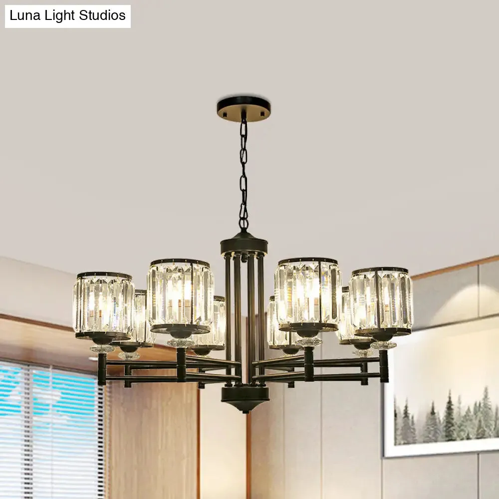 Modern Crystal Drum Shade 8-Head Metal Frame Pendant Light - Black/Gold Chandelier Lamp