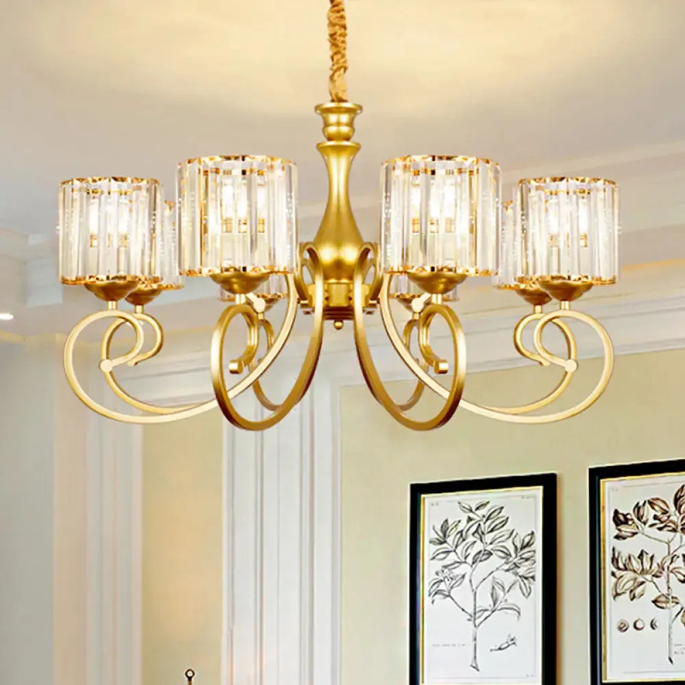 Modern Prismatic Glass Cylinder Chandelier: 8-Head Gold Pendant Light