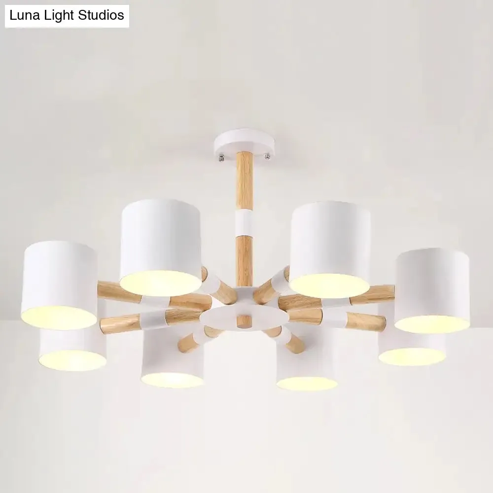 Modern Snowflake Hanging Light: Drum Shade Macaron Wood Chandelier for Living Room