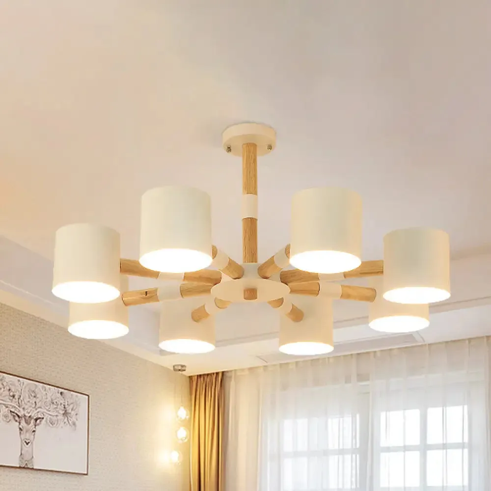 Modern Snowflake Hanging Light: Drum Shade Macaron Wood Chandelier for Living Room