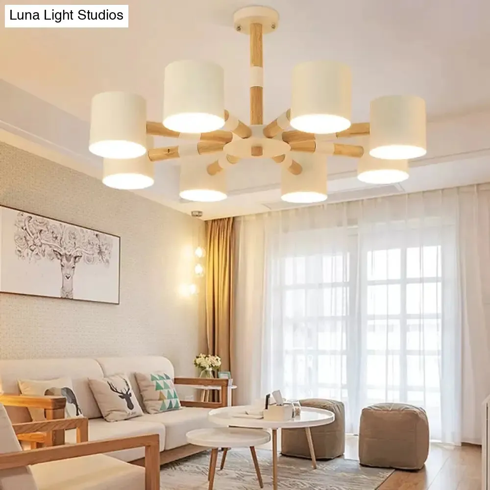 Modern Snowflake Hanging Light: Drum Shade Macaron Wood Chandelier for Living Room