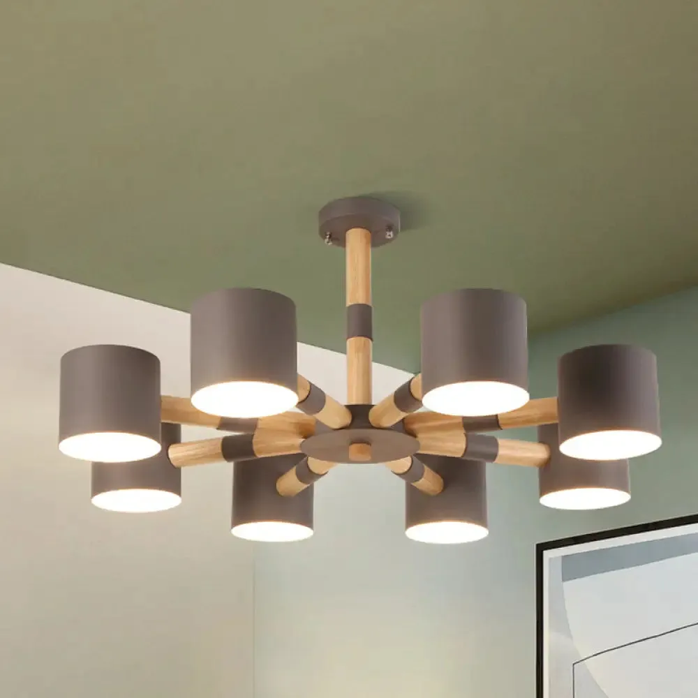 Modern Snowflake Hanging Light: Drum Shade Macaron Wood Chandelier for Living Room