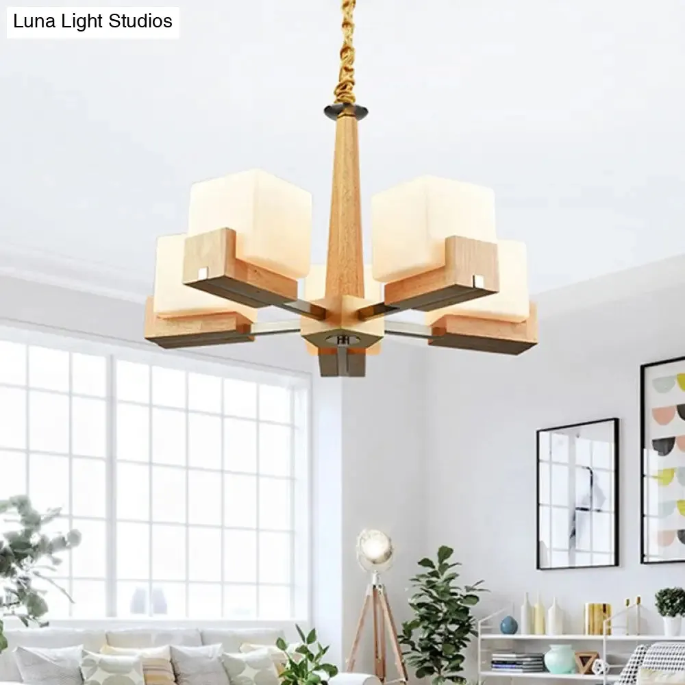 Modern Wood Cube Chandelier with Multiple Bulbs for Bedroom