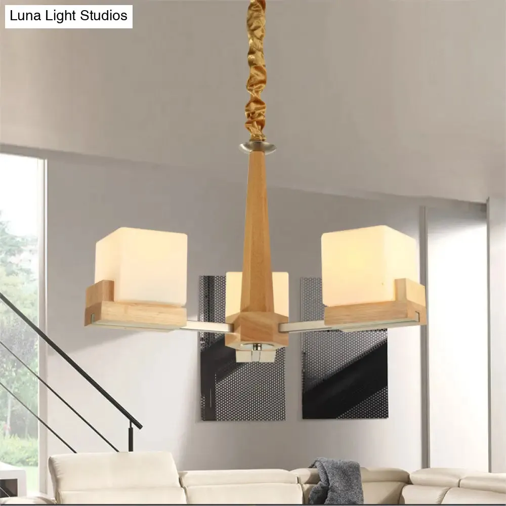 Modern Wood Cube Chandelier with Multiple Bulbs for Bedroom