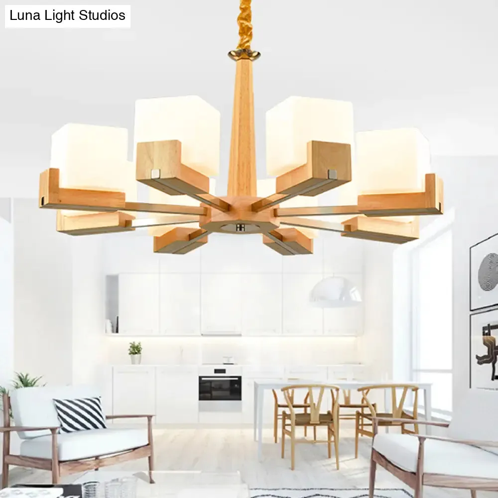 Modern Wood Cube Chandelier with Multiple Bulbs for Bedroom