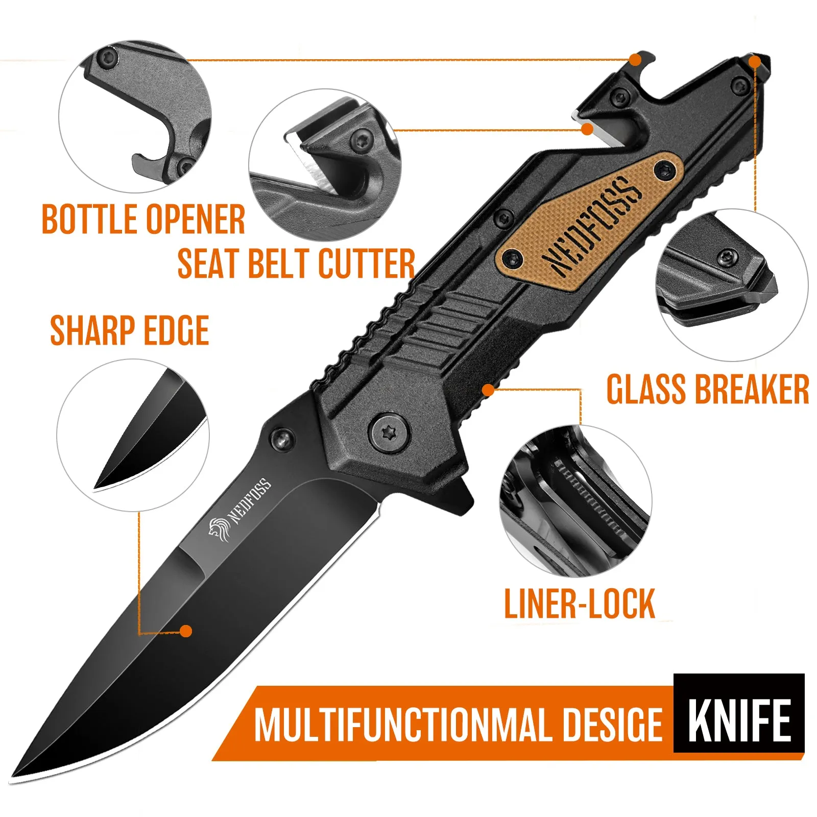 Nedfoss AK10 Tactical Pocket Folding Knife, 4 in 1 EDC Knife,3.6" 8CR14MOV Blade