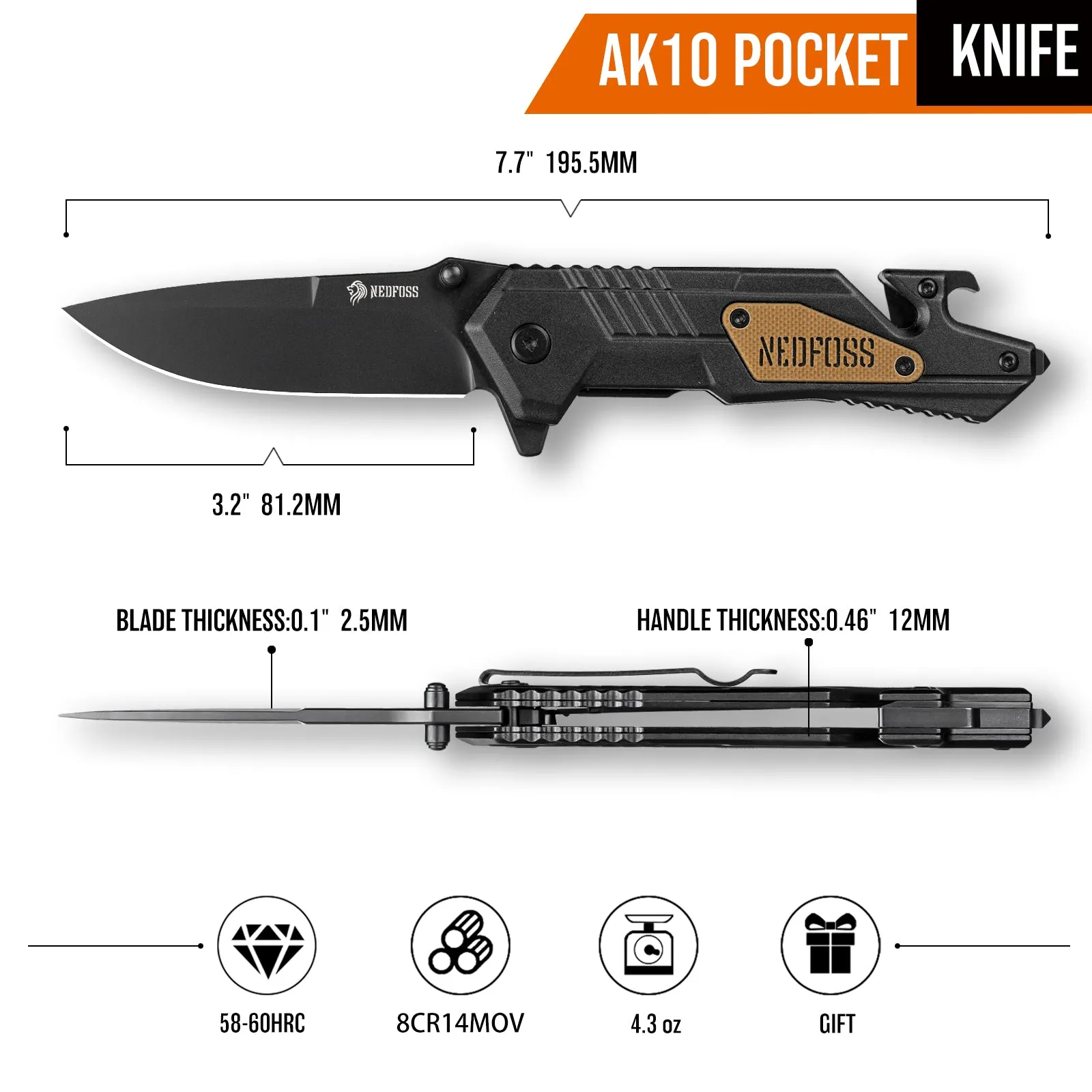 Nedfoss AK10 Tactical Pocket Folding Knife, 4 in 1 EDC Knife,3.6" 8CR14MOV Blade