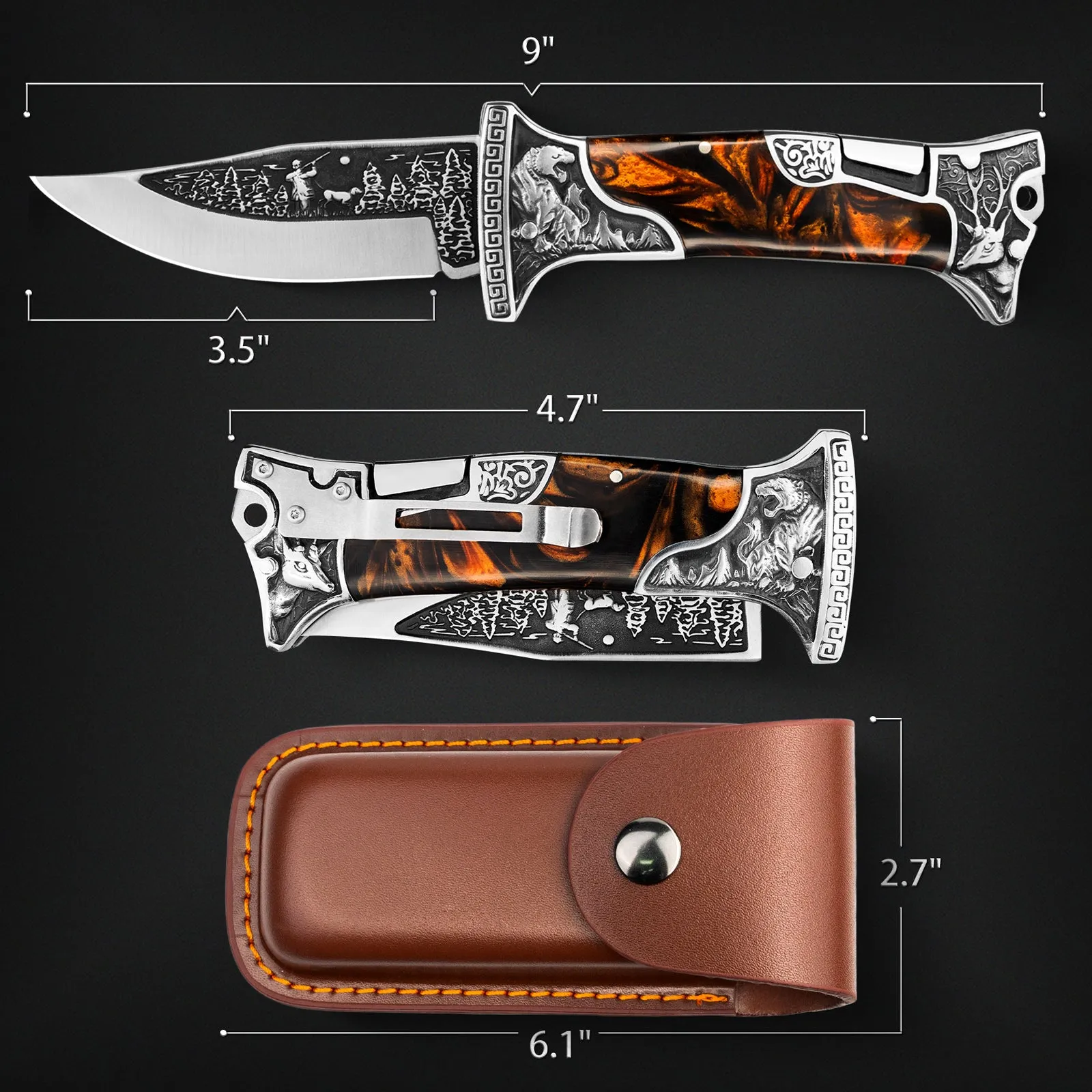 Nedfoss Tiger-roar Pocket Knife with Engraved Blade, Back Lock