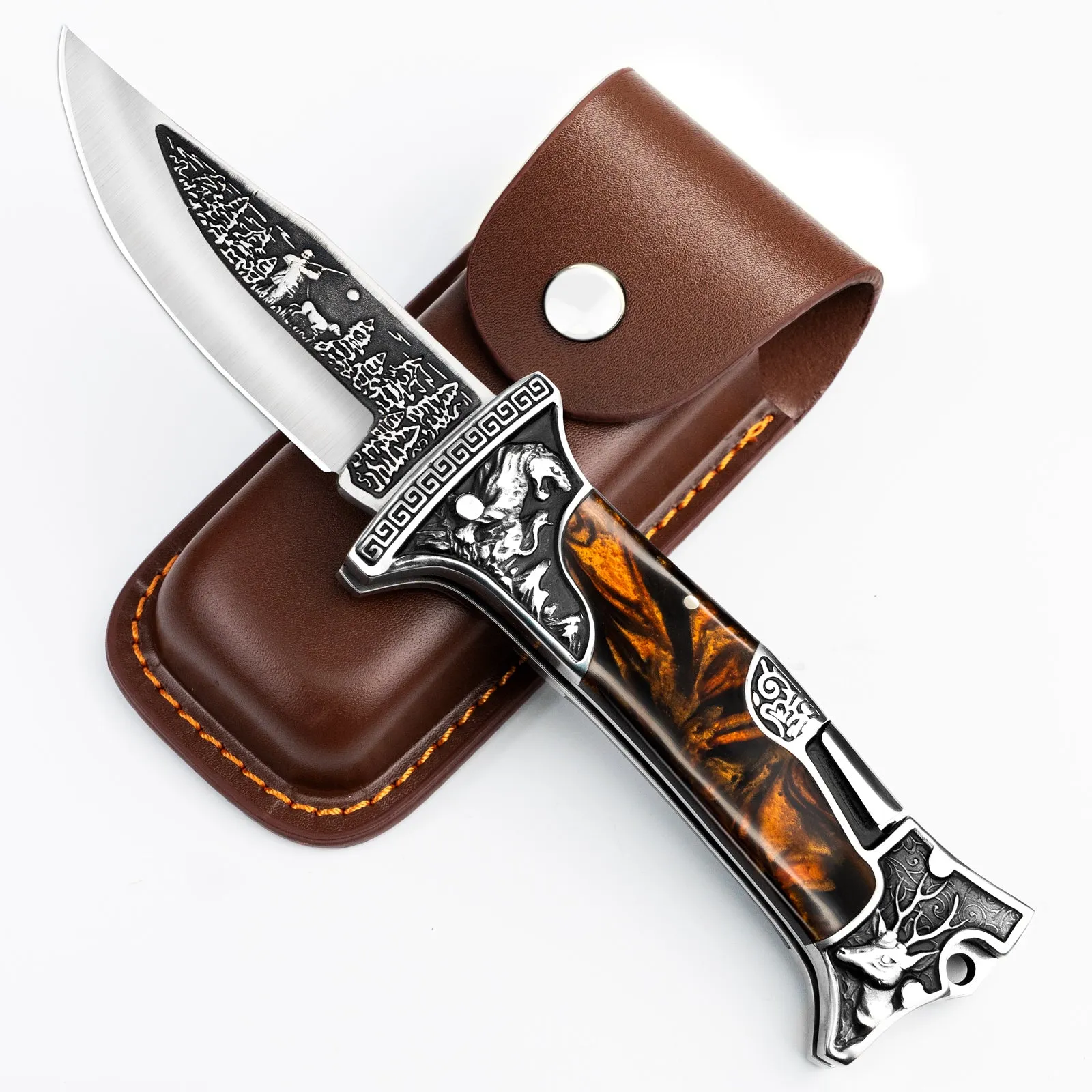 Nedfoss Tiger-roar Pocket Knife with Engraved Blade, Back Lock