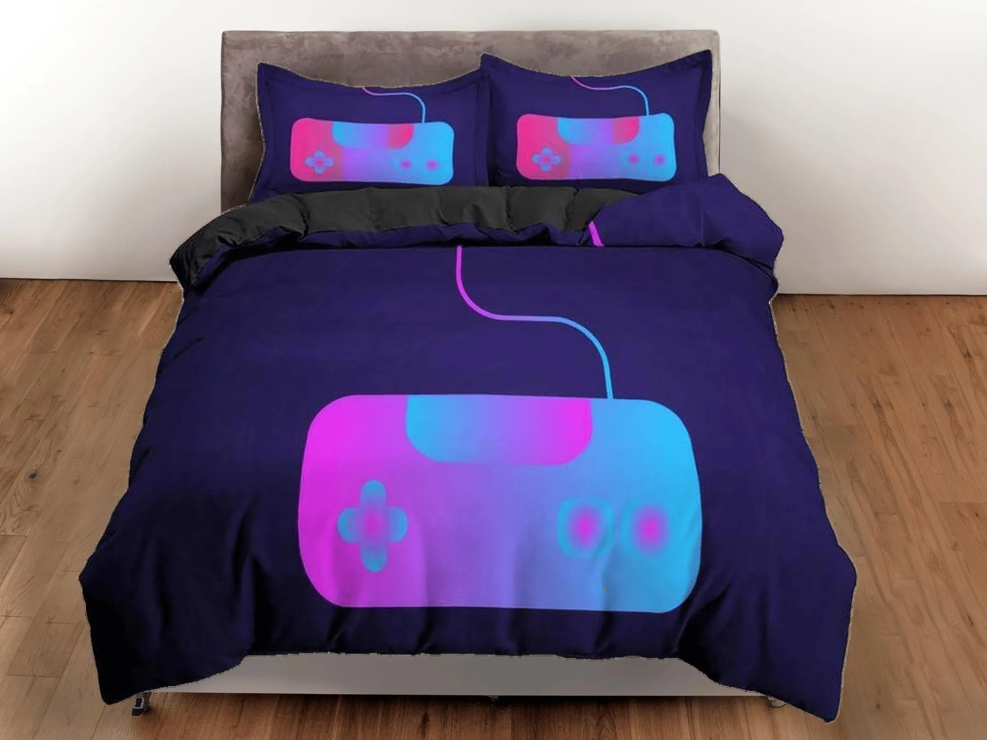 Neon controller gamer bedding purple duvet cover, video gamer boyfriend gift bedding set full king queen twin, boys bedroom, dorm bedding