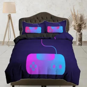 Neon controller gamer bedding purple duvet cover, video gamer boyfriend gift bedding set full king queen twin, boys bedroom, dorm bedding