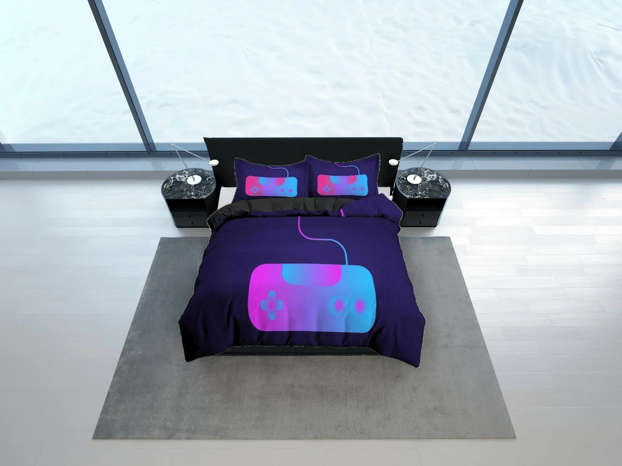 Neon controller gamer bedding purple duvet cover, video gamer boyfriend gift bedding set full king queen twin, boys bedroom, dorm bedding