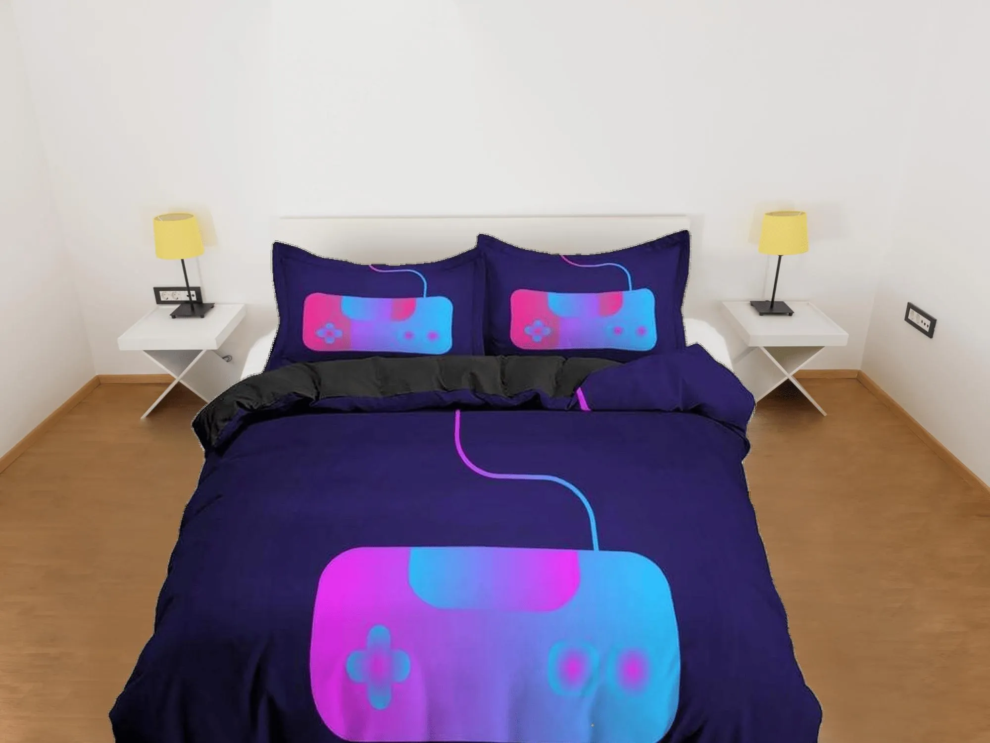 Neon controller gamer bedding purple duvet cover, video gamer boyfriend gift bedding set full king queen twin, boys bedroom, dorm bedding