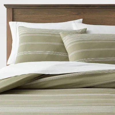 New - Full/Queen Cotton Woven Stripe Duvet Cover & Sham Set Moss Green/White - Threshold