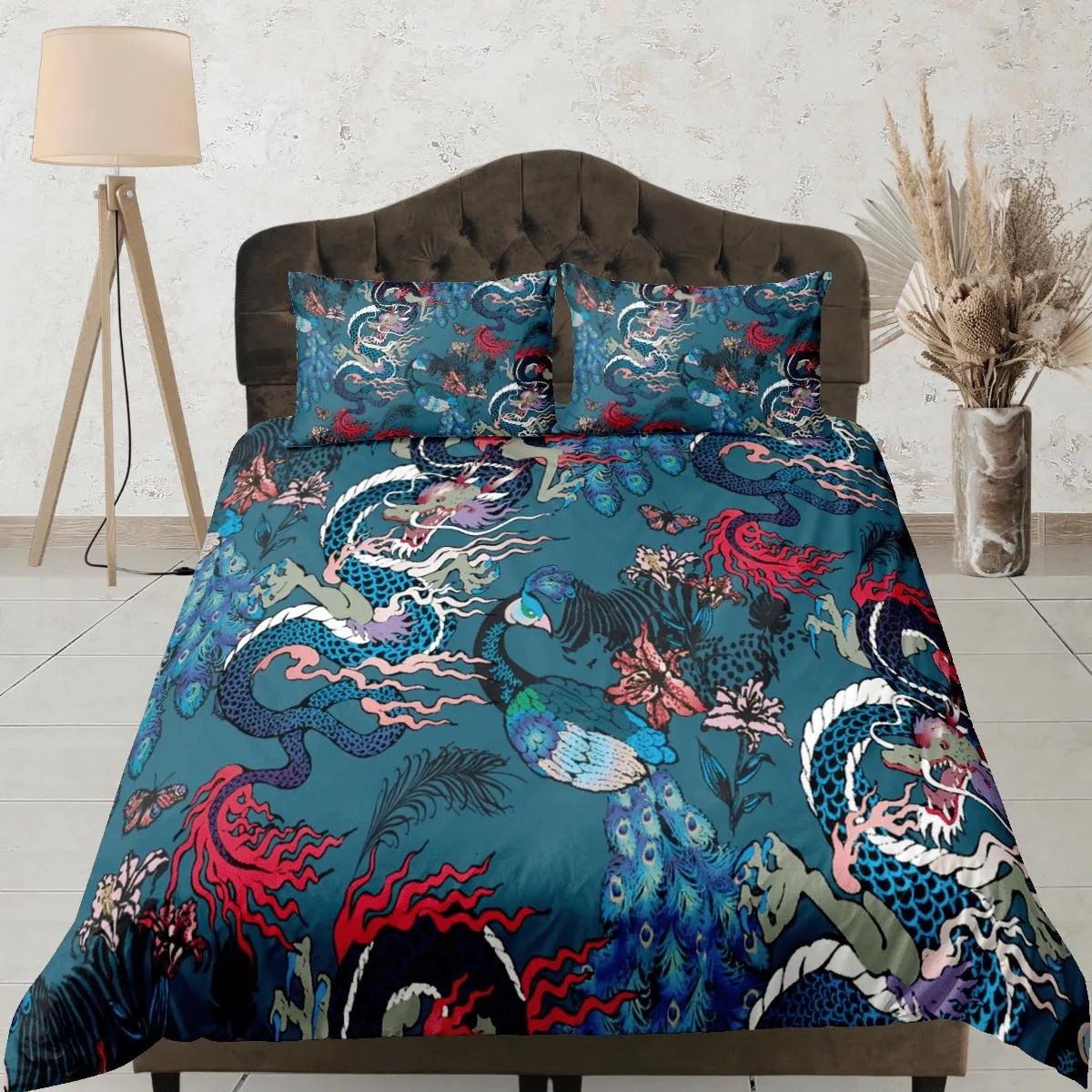 Oriental dragon and peacock festival teal green bedding, asian mythical creatures, japanese duvet cover set for king, queen, full, twin bed