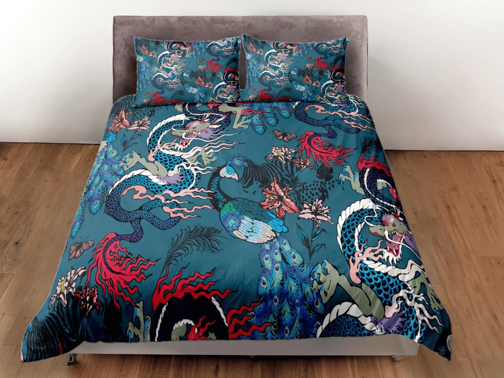 Oriental dragon and peacock festival teal green bedding, asian mythical creatures, japanese duvet cover set for king, queen, full, twin bed