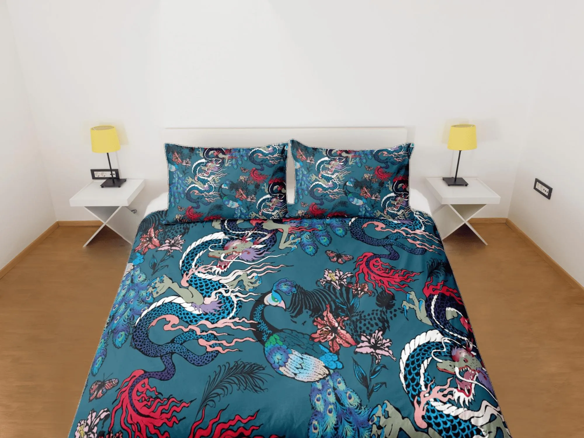 Oriental dragon and peacock festival teal green bedding, asian mythical creatures, japanese duvet cover set for king, queen, full, twin bed