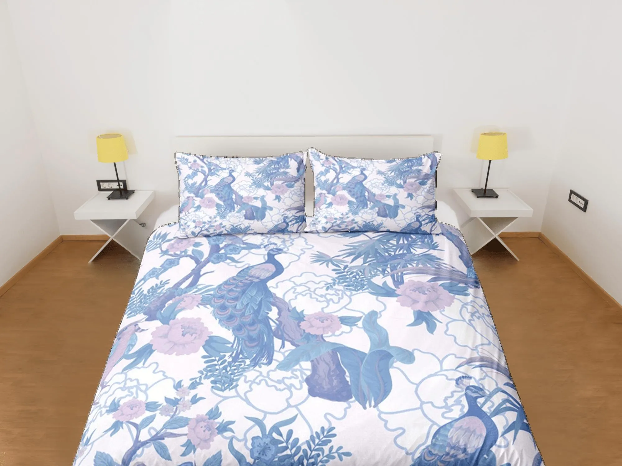 Peacock White Duvet Cover Set Floral Bedspread, Dorm Bedding with Pillowcase, , Single Bedding Double