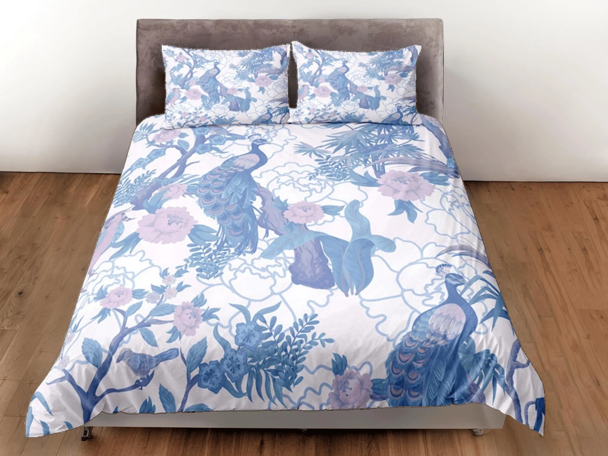 Peacock White Duvet Cover Set Floral Bedspread, Dorm Bedding with Pillowcase, , Single Bedding Double