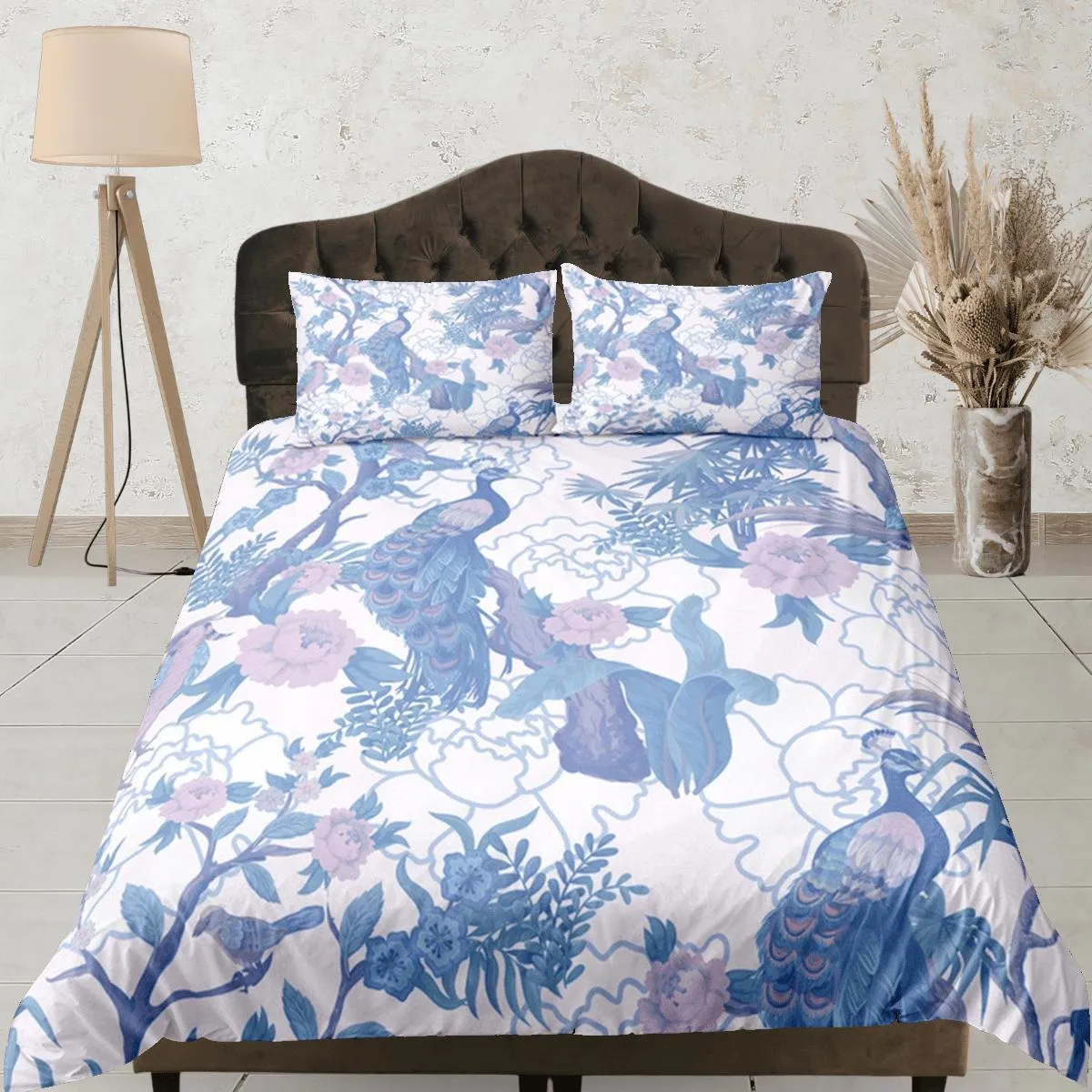 Peacock White Duvet Cover Set Floral Bedspread, Dorm Bedding with Pillowcase, , Single Bedding Double