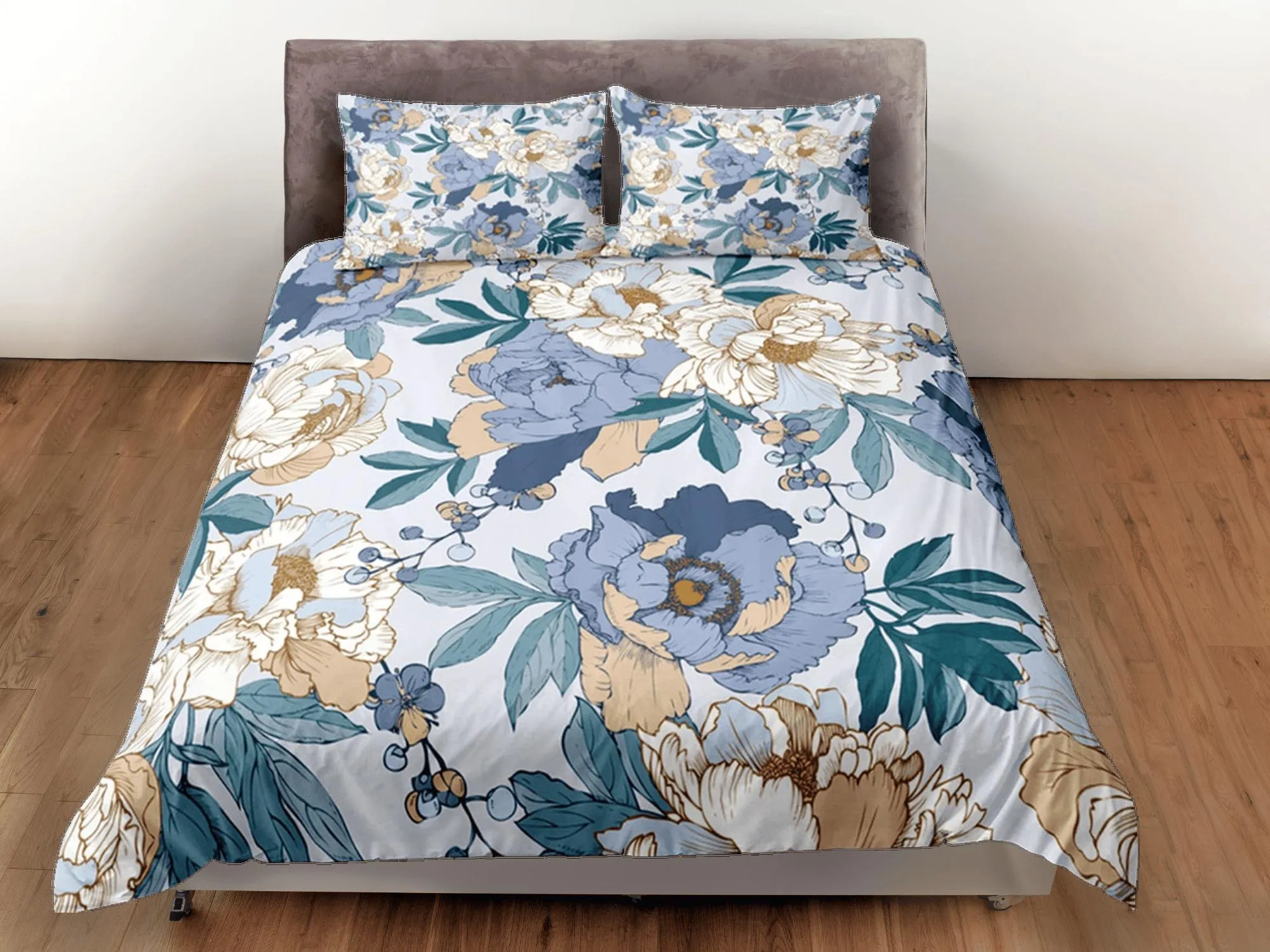 Peony Blue Duvet Cover Set, Floral Bedspread Dorm Bedding Set Single Bedding