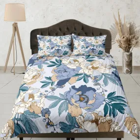 Peony Blue Duvet Cover Set, Floral Bedspread Dorm Bedding Set Single Bedding