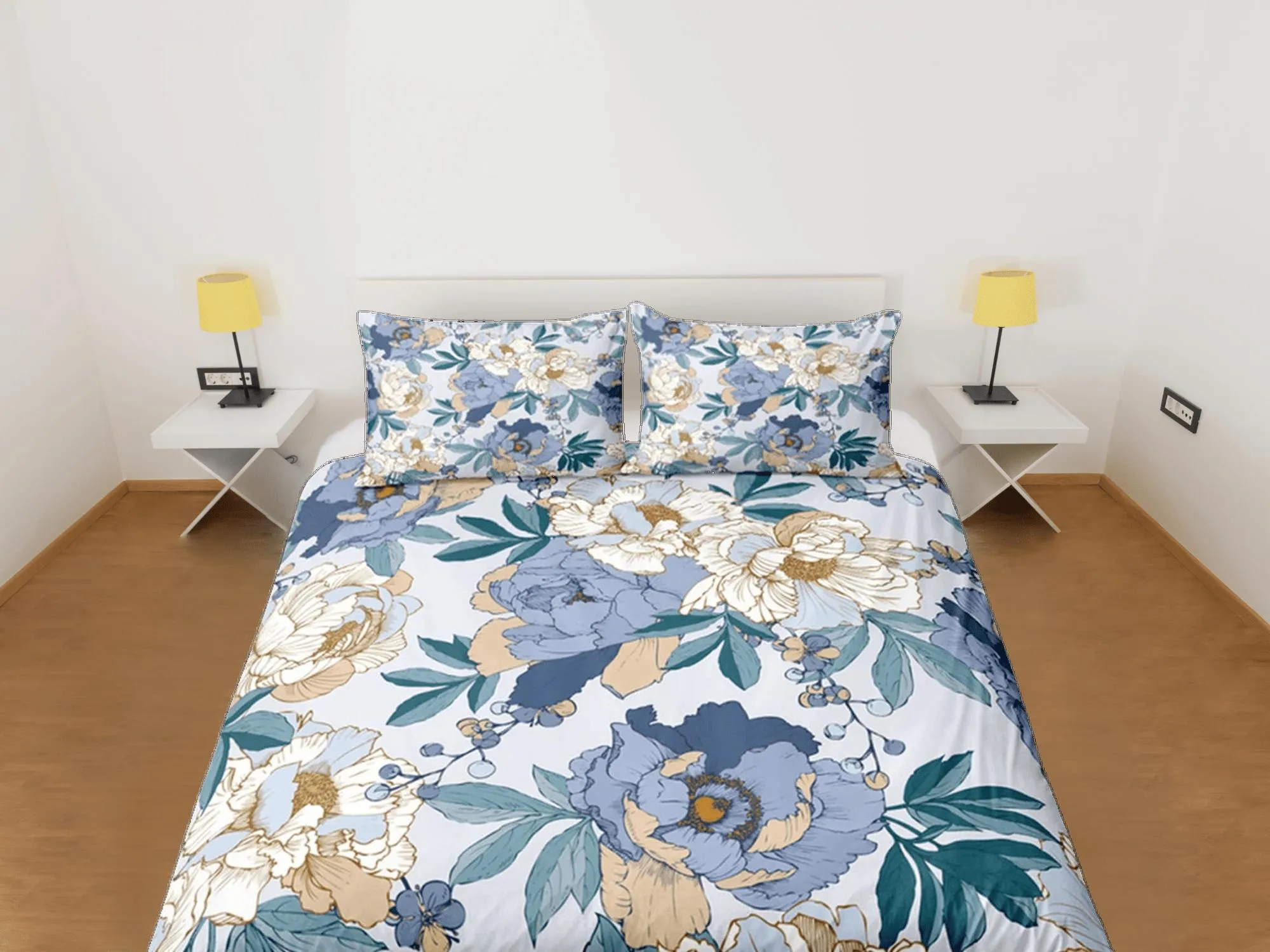 Peony Blue Duvet Cover Set, Floral Bedspread Dorm Bedding Set Single Bedding