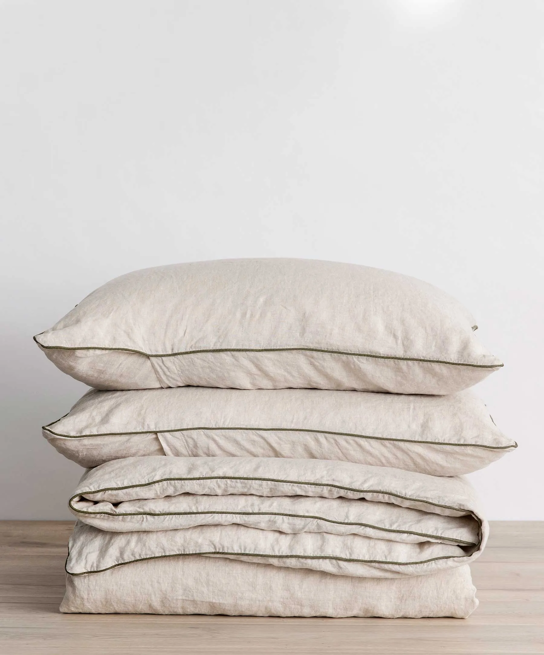 Piped Linen Duvet Cover Set - Natural and Forest