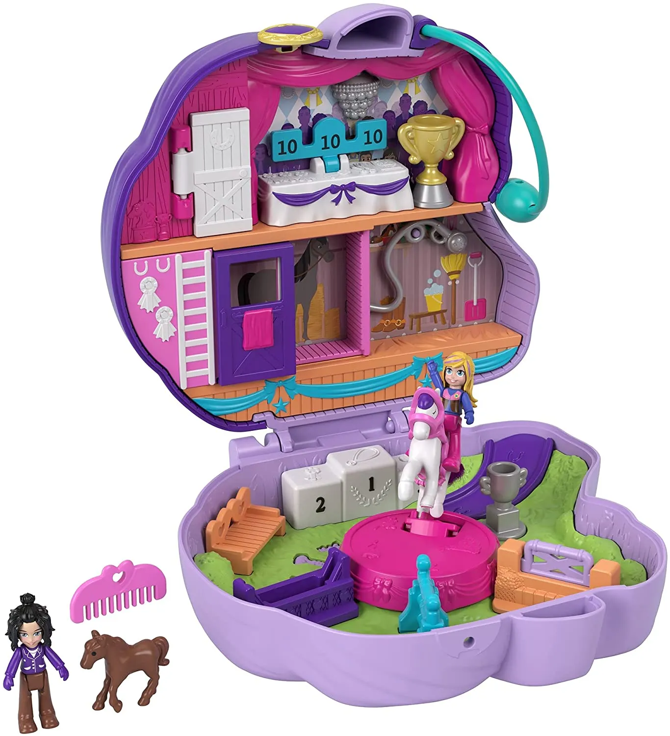 Polly Pocket Jumpin’ Style Pony Compact with Horse Show Theme, Micro Polly Doll & Friend, 2 Horse Figures (1 with Saddle & Tail Hair), Fun Features & Surprise Reveals