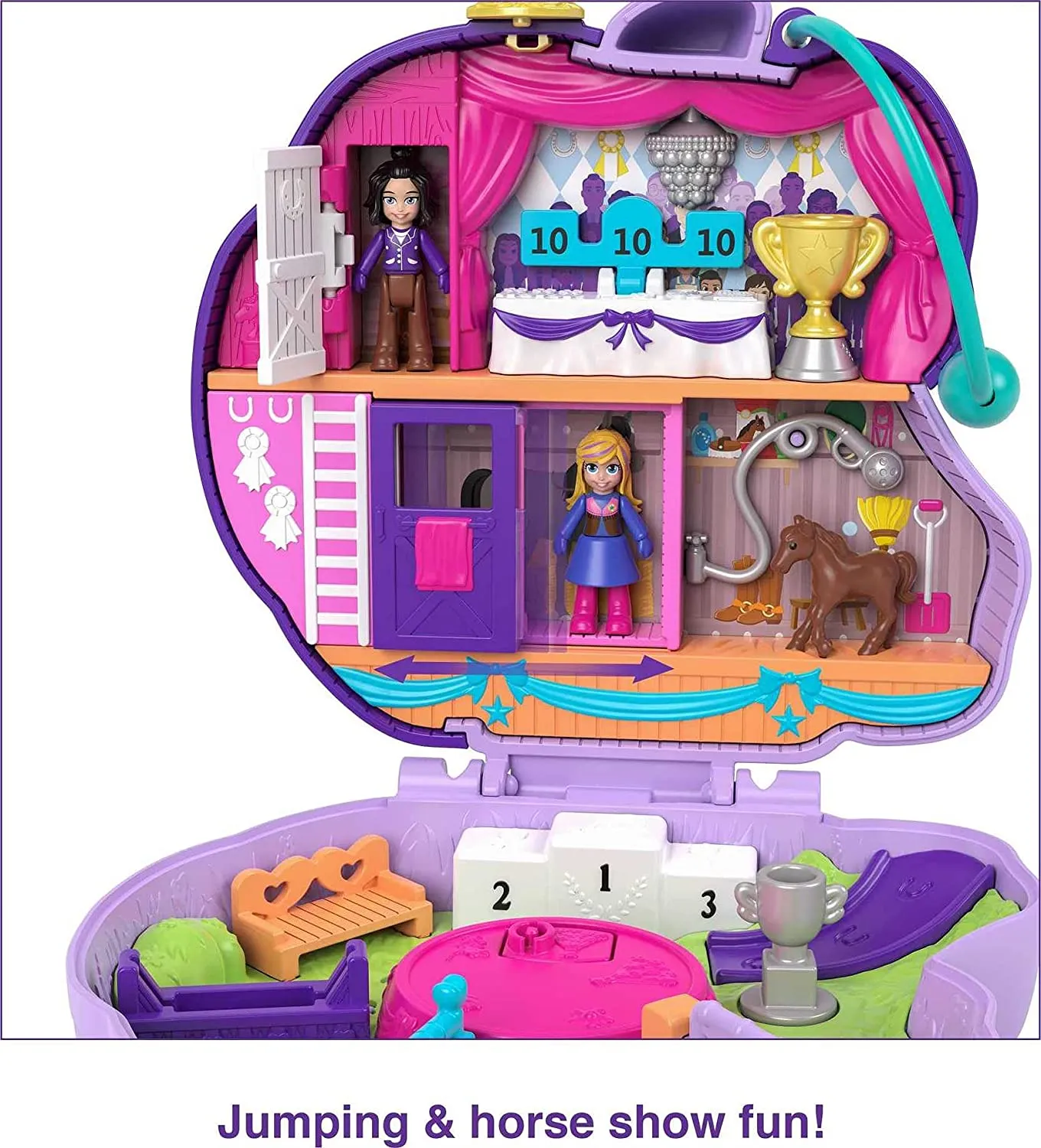 Polly Pocket Jumpin’ Style Pony Compact with Horse Show Theme, Micro Polly Doll & Friend, 2 Horse Figures (1 with Saddle & Tail Hair), Fun Features & Surprise Reveals