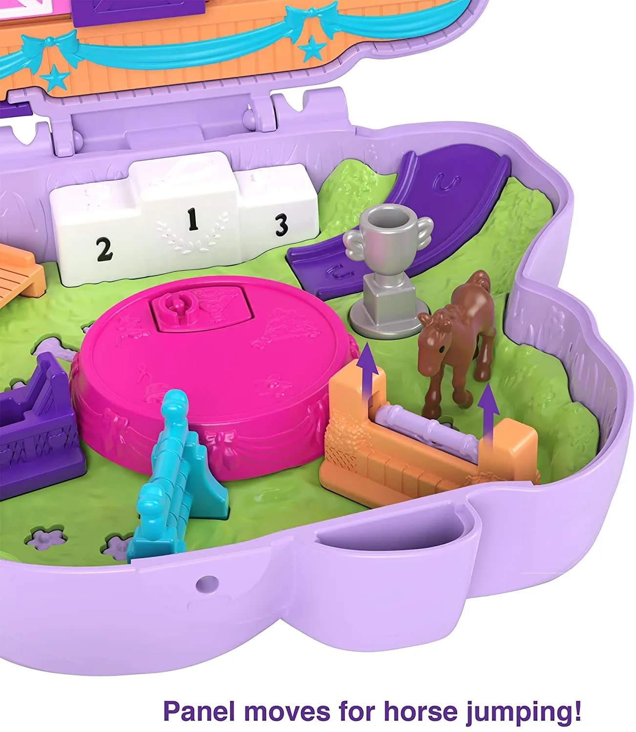 Polly Pocket Jumpin’ Style Pony Compact with Horse Show Theme, Micro Polly Doll & Friend, 2 Horse Figures (1 with Saddle & Tail Hair), Fun Features & Surprise Reveals