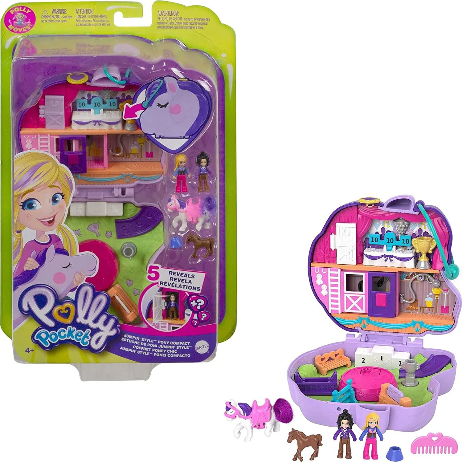 Polly Pocket Jumpin’ Style Pony Compact with Horse Show Theme, Micro Polly Doll & Friend, 2 Horse Figures (1 with Saddle & Tail Hair), Fun Features & Surprise Reveals