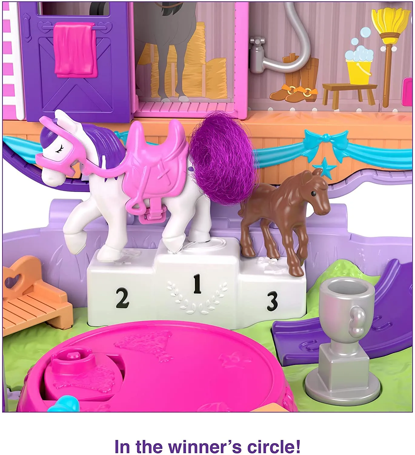 Polly Pocket Jumpin’ Style Pony Compact with Horse Show Theme, Micro Polly Doll & Friend, 2 Horse Figures (1 with Saddle & Tail Hair), Fun Features & Surprise Reveals