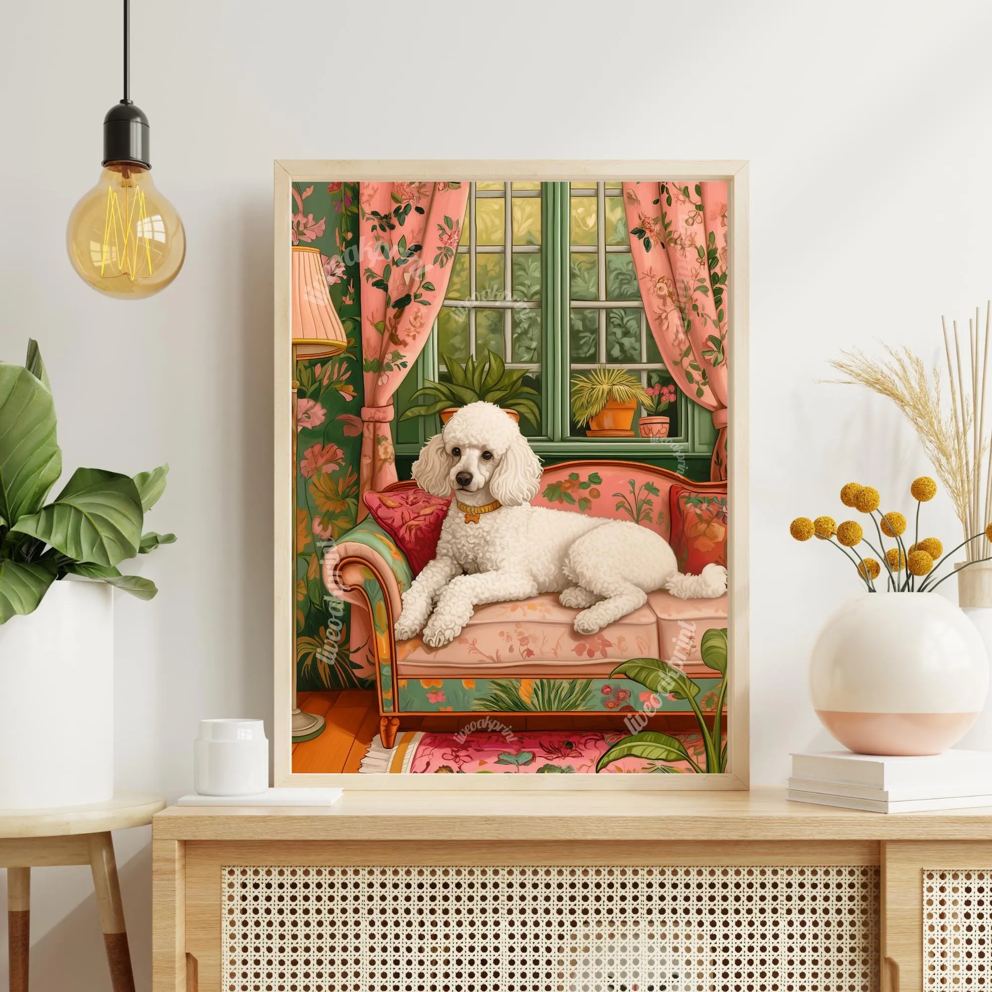 Poodle Lounging on a Luxury Sofa – Maximalist Wall Art – Poodle Dog Print – Dog Wall Art - Unique Poodle Gift - Boho Vintage Poodle Print