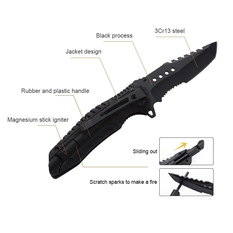 Popular Best Seller Outdoor Camping Knife Bushcraft Folding Tactical Survival Knife Black Pocket Knife Hunting With Fire Starter