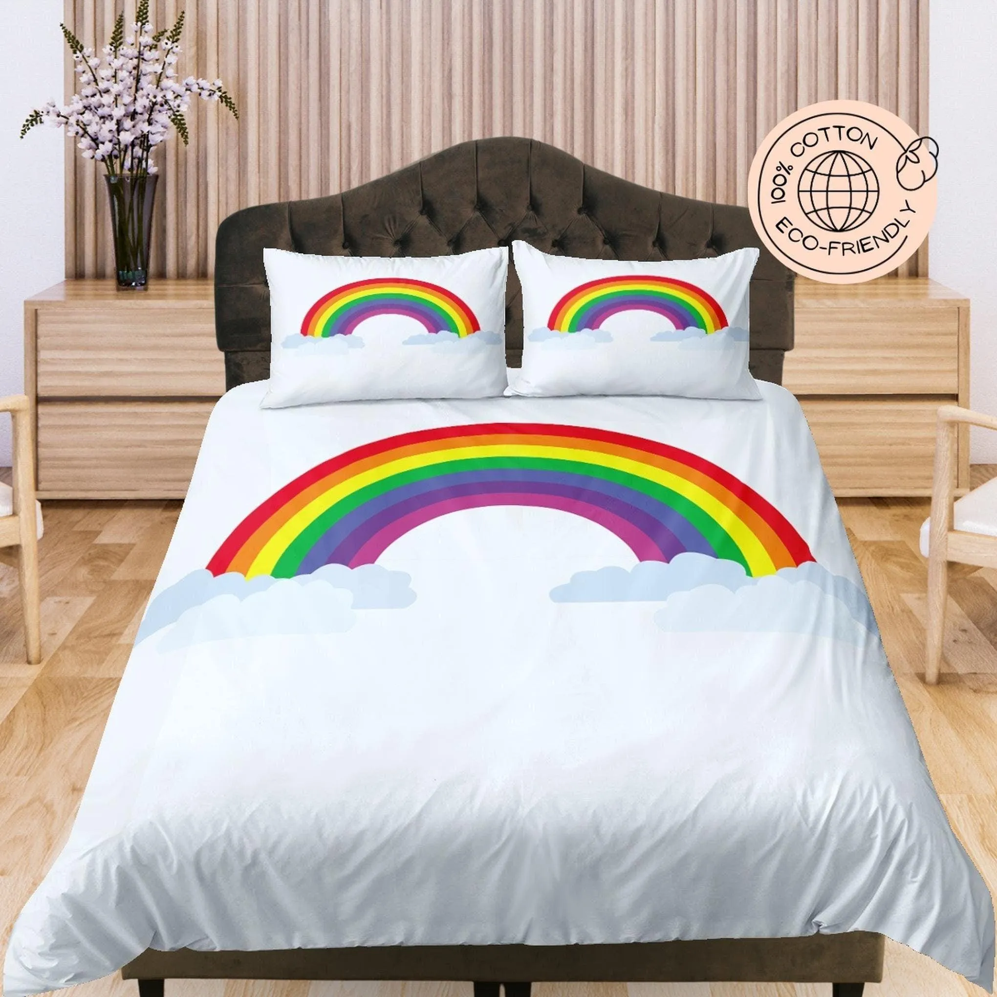 Rainbow in Sky Cotton White Duvet Cover Set for Kids, Toddler Bedding, Baby Zipper Bedding, Nursery Cotton Bedding, Crib Blanket, Unisex