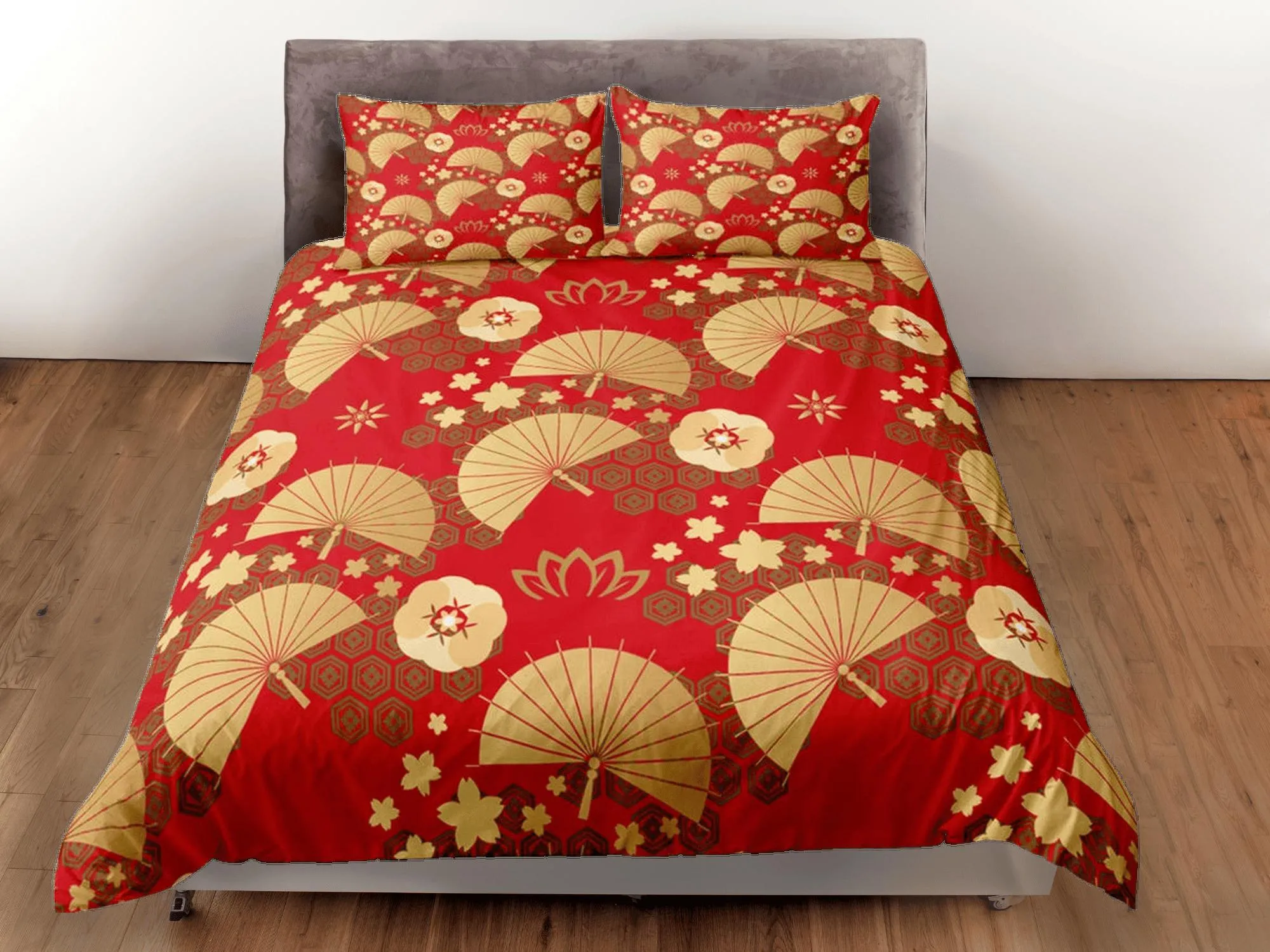 Red Gold Duvet Cover Set Oriental Asian Style Bedspread, Dorm Bedding & Pillowcase