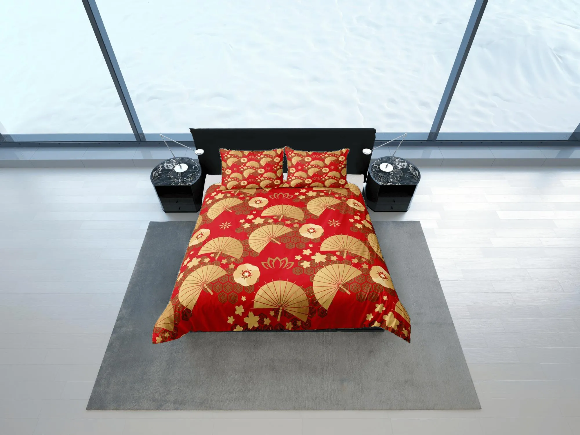 Red Gold Duvet Cover Set Oriental Asian Style Bedspread, Dorm Bedding & Pillowcase